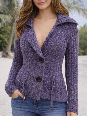 Women’s Purple Ribbed V-Neck Mochair Bleand  Buttoned Sweater Jacket